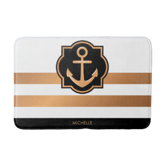 Black White and Golden Stripes Bath Mat