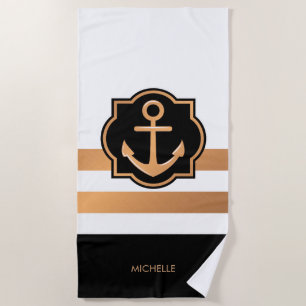 Black White and Golden Stripes Beach Towel