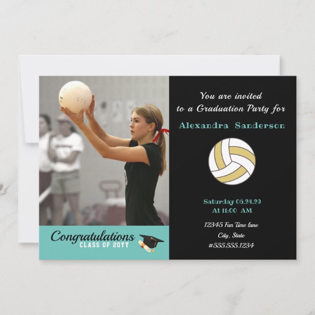 Black White and Golden Volleyball graduation party Invitation (Front)