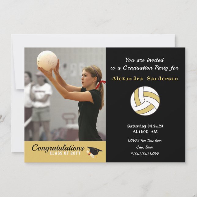 Black White and Golden Volleyball graduation party Invitation (Front)