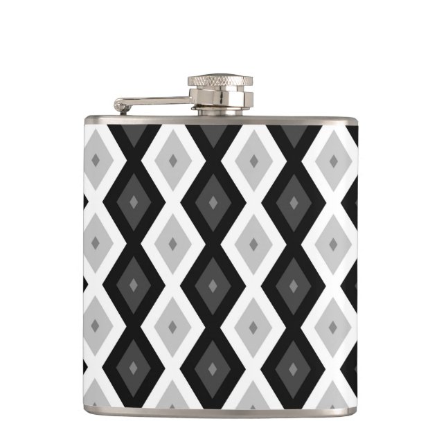 Black, white and gray diamond pattern hip flask (Front)