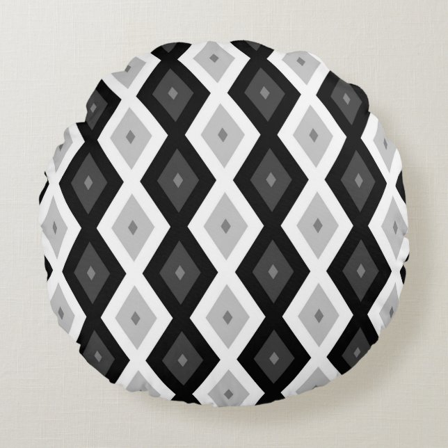 Black, white and gray diamond pattern round cushion (Front)