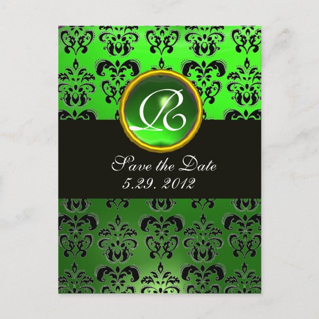 BLACK  WHITE AND GREEN  DAMASK EMERALD Monogram Announcement Postcard (Front)
