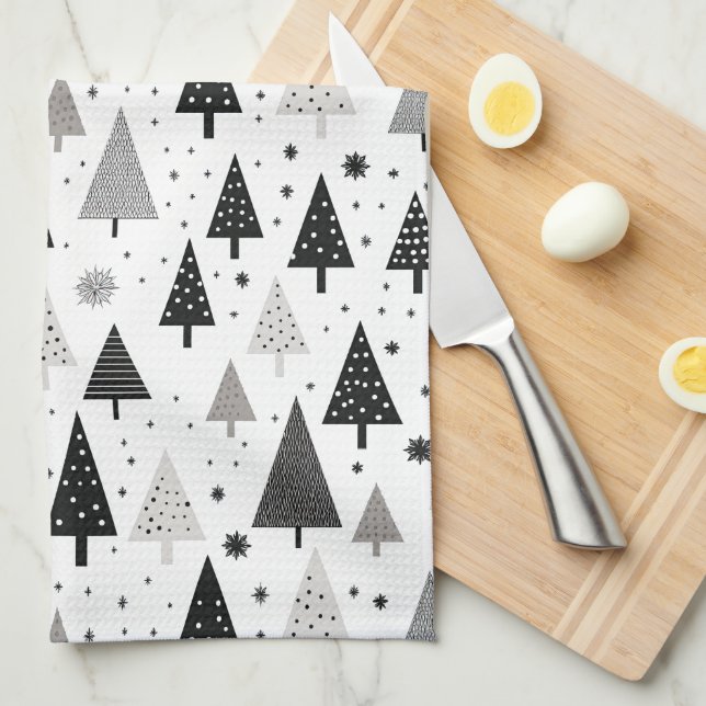 Black, White and Grey Christmas Tree Pattern Tea Towel (Quarter Fold)