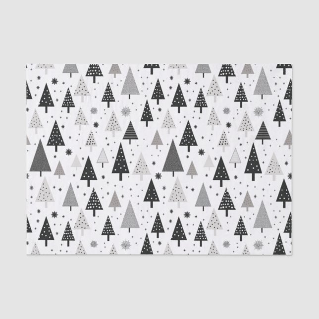 Black, White and Grey Christmas Tree Pattern Tissue Paper (Front)