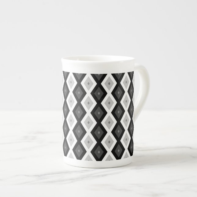 Black, white and grey diamond pattern bone china mug (Front Right)