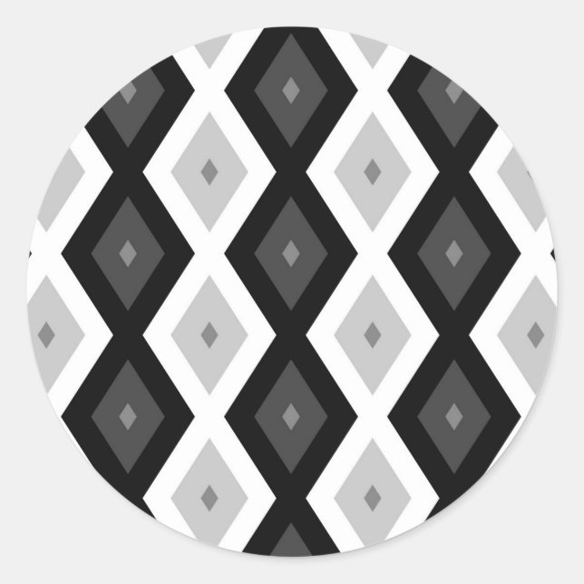 Black, white and grey diamond pattern classic round sticker (Front)