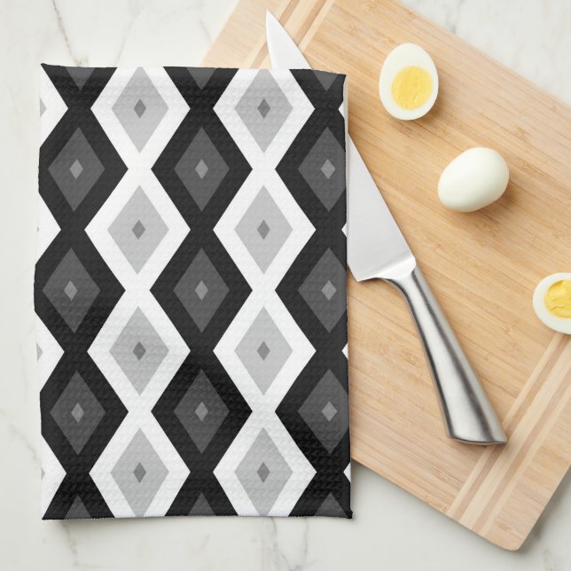 Black, white and grey diamond pattern tea towel (Quarter Fold)