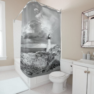 Black, White and Grey Lighthouse showing beautiful Shower Curtain