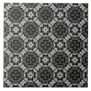 Black, White, and Grey Ruffled Mandalas Pattern Ceramic Tile