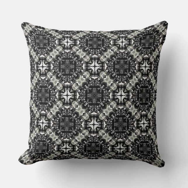 Black, White, and Grey Ruffled Mandalas Pattern Cushion (Front)