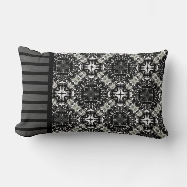 Black, White, and Grey Ruffled Mandalas Pattern Lumbar Cushion (Front)