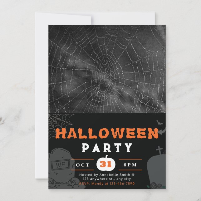 Black, White and Grey Spiderweb Black Halloween Invitation (Front)