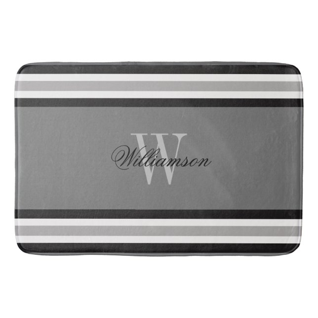 Black White and Grey Striped Monogrammed    Bath Mat (Front)