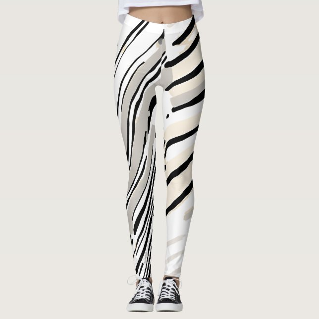 Black, white and Grey stripes geometric pattern Leggings (Front)