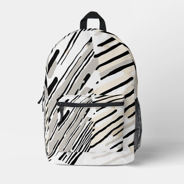 Black, white and Grey stripes geometric pattern Printed Backpack (Front)