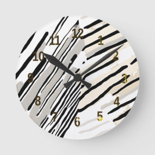 Black, white and Grey stripes geometric pattern Round Clock