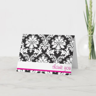 black white and hot pink damask thank you card