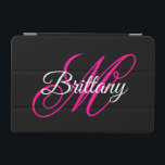 Black White and Hot Pink Fancy Script Monogram iPad Mini Cover<br><div class="desc">A girly personalised monogram with a fancy calligraphy script pairing in hot pink and white against a solid colour black background. Create your own pretty back-to-school gear for her electronics. Customise the font style or with colours to match your daughter's favourite shade of pink. The fancy flourish that is part...</div>