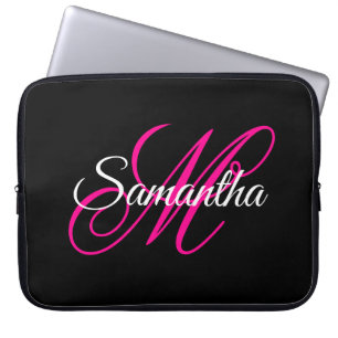 Black White and Hot Pink Fancy Script Monogram Laptop Sleeve