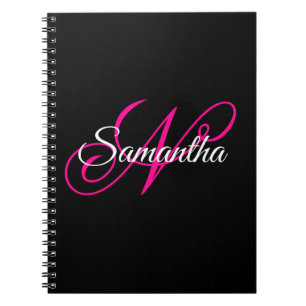 Black White and Hot Pink Fancy Script Monogram Notebook