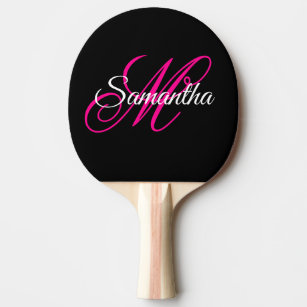Black White and Hot Pink Fancy Script Monogram Ping Pong Paddle