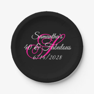 Black White and Hot Pink Monogram 40 & Fabulous  Paper Plate
