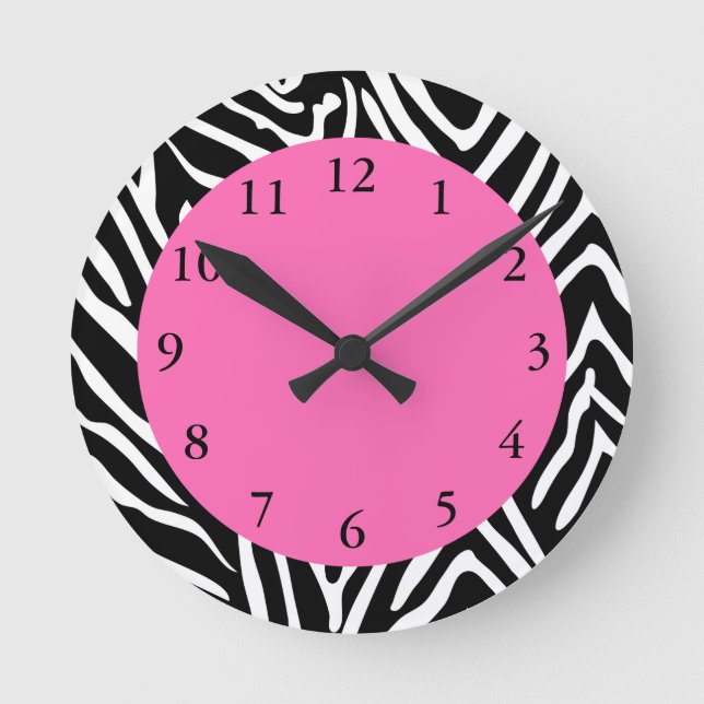 Black, White and Hot Pink Zebra Print Round Clock (Front)