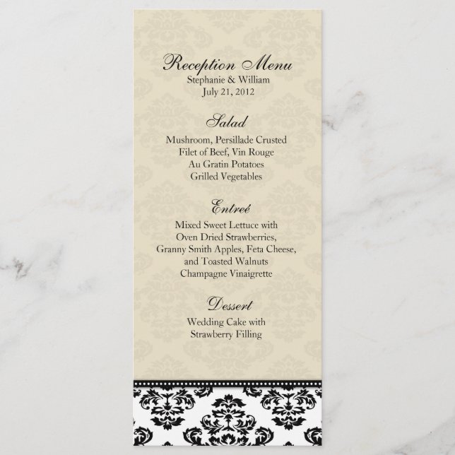 Black White and Ivory Damask Reception Menu (Front)