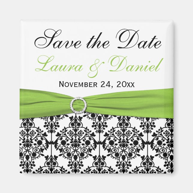Black, White, and Lime Damask Save the Date Magnet (Front)