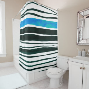 Black, white and mediterranean blue stripes shower curtain