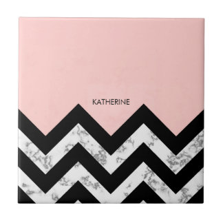 Black White and Pink Chevrons Ceramic Tile