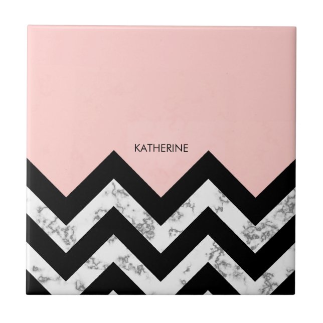 Black White and Pink Chevrons Ceramic Tile (Front)