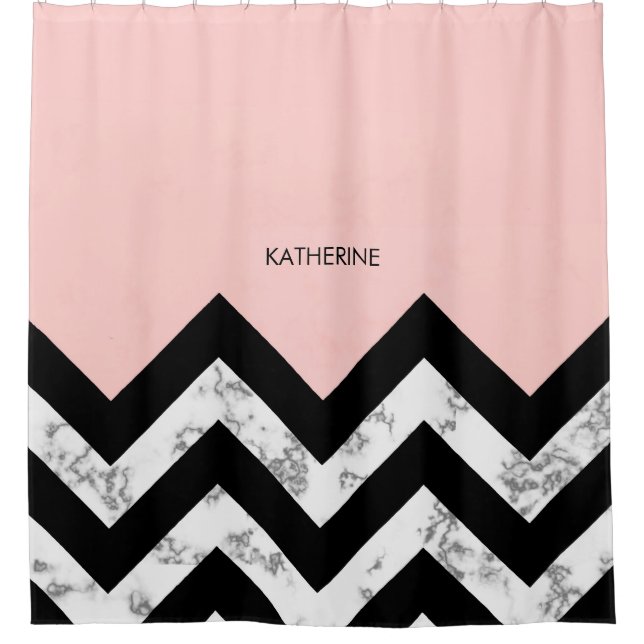 Black White and Pink Chevrons Shower Curtain (Front)