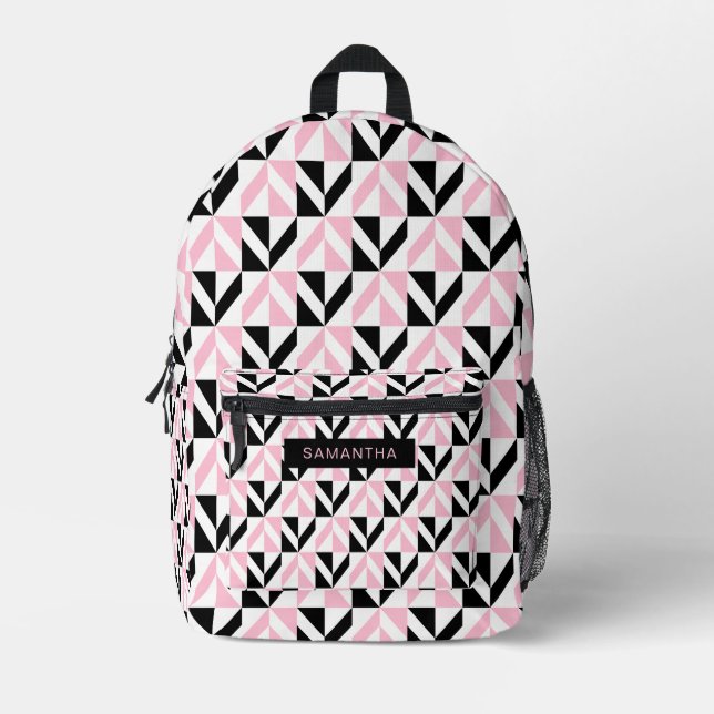 Black, White and Pink Geometric Pattern Printed Backpack (Front)