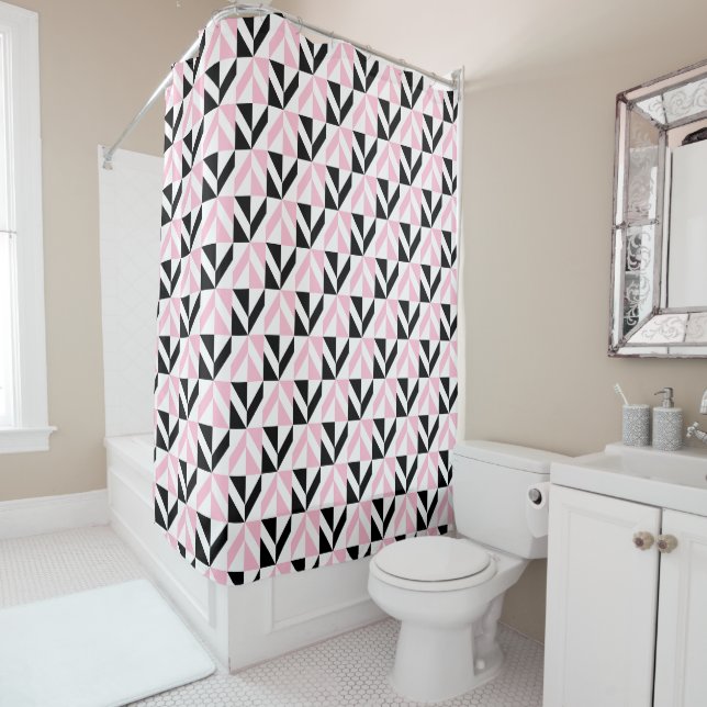 Black, White and Pink Geometric Pattern Shower Curtain (In Situ)