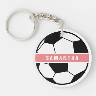 Black White and Pink Modern Sporty Soccer Monogram Key Ring