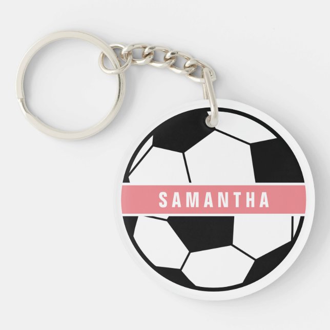 Black White and Pink Modern Sporty Soccer Monogram Key Ring (Front)