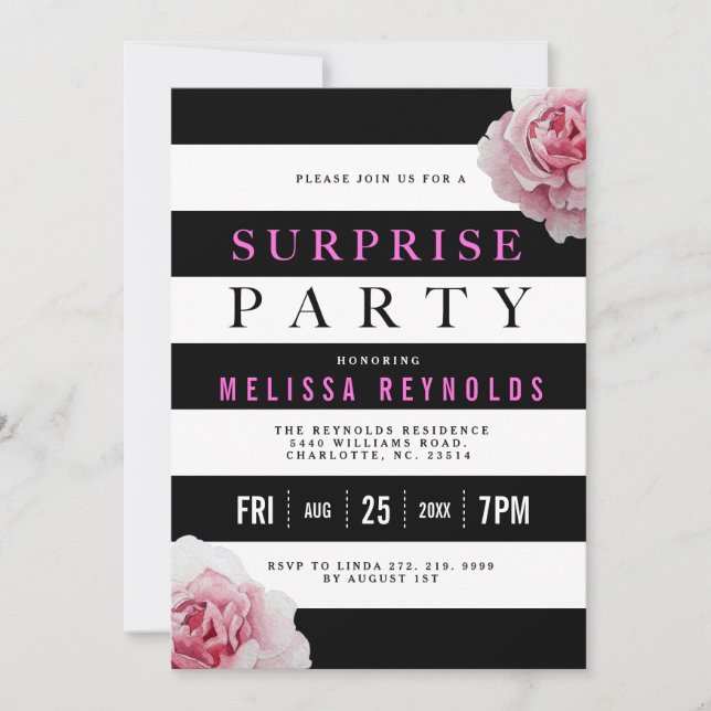 Black White and Pink Roses Surprise Party Invitation (Front)