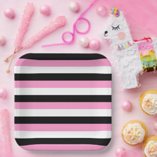 Black, White and Pink Stripes Paper Plate