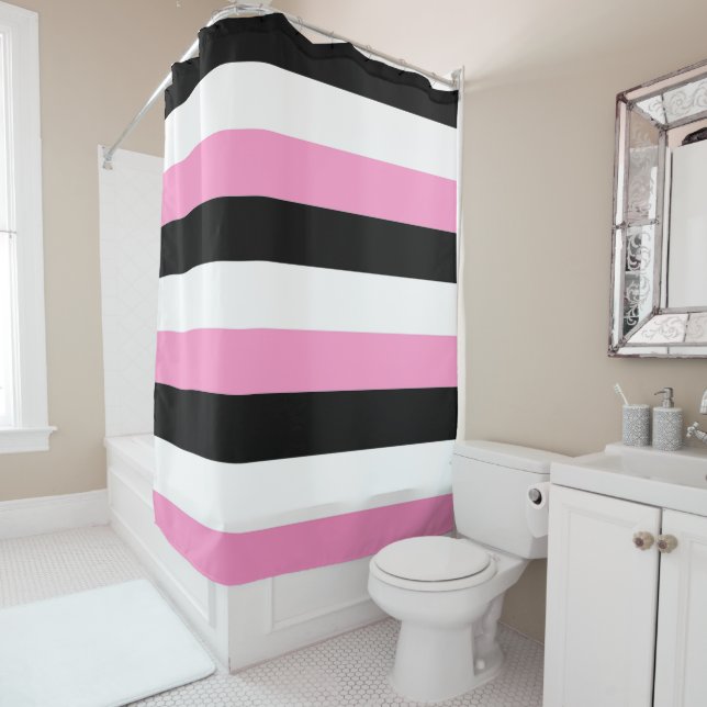 Black, white and pink stripes shower curtain (In Situ)