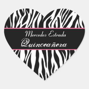 Black White and Pink Zebra Quinceanera Heart Sticker