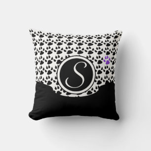 Black, White and Purple Paw Print Cushion