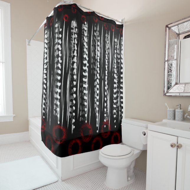 black white and red abstract bath towel set shower curtain (In Situ)