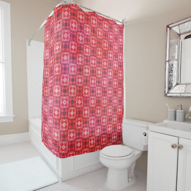 Black, White, and Red Checkered Pattern Shower Curtain (In Situ)