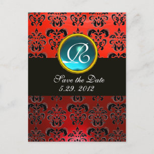BLACK WHITE AND RED DAMASK BLUE GEM Monogram Announcement Postcard