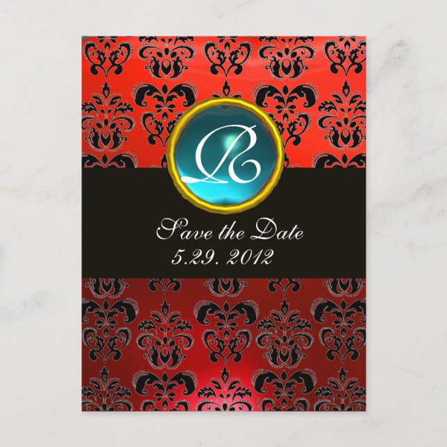 BLACK WHITE AND RED DAMASK BLUE GEM Monogram Announcement Postcard (Front)