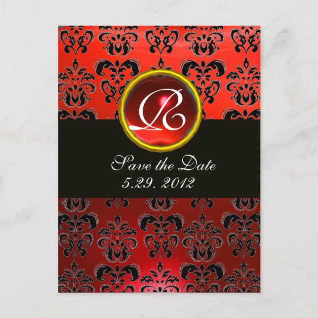 BLACK WHITE AND RED DAMASK RED RUBY Monogram Announcement Postcard (Front)