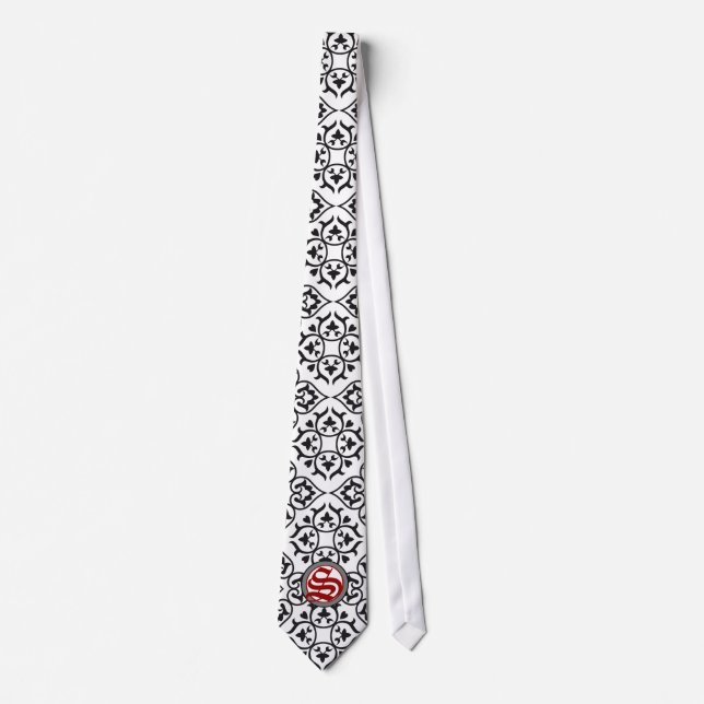 Black White and Red Heart Damask Tie (Front)