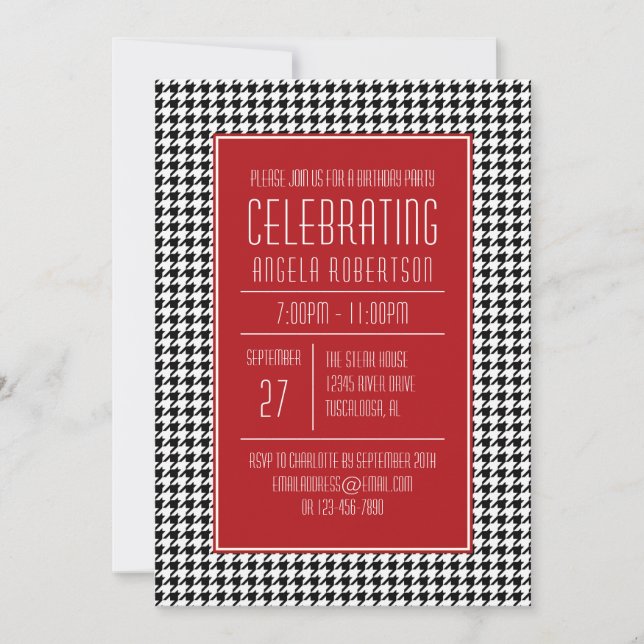 Black White and Red Houndstooth Birthday Invitation (Front)